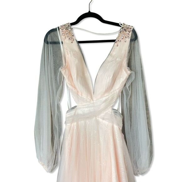 Mac Duggal blush Tulle Sheer Long Sleeve Cut Out Lace Up A Line Gown dress NWT 4 - Picture 8 of 16